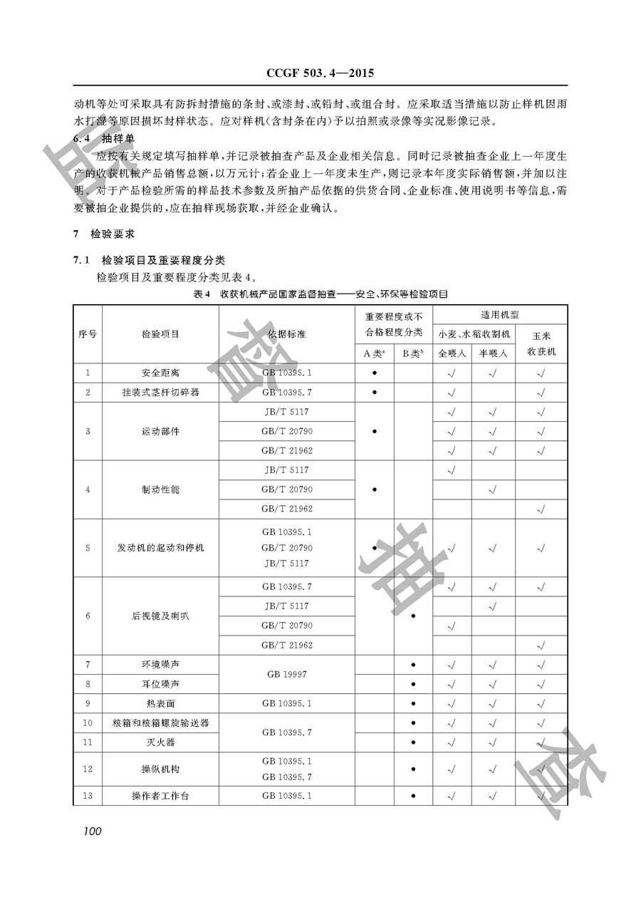 收获机械产品质量监督抽查实施规范